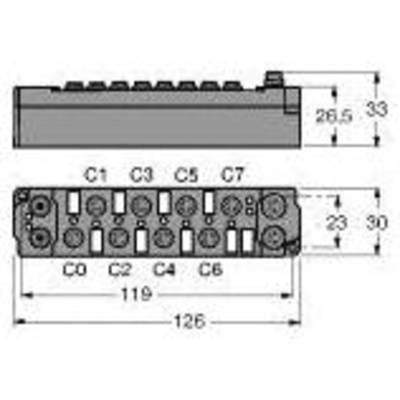 Rysunek techniczny złącza z wymiarami: długość 126 mm, szerokość 30 mm, wysokość 33 mm. Numery styków oznaczone od C0 do C7.