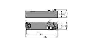 Rysunek techniczny prostokątnego elementu z wymiarami. Na górze widok z boku, na dole widok z przodu. Wymiary: od 119 mm do 126 mm długości, 26,5 mm wysokości.