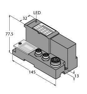 Rysunek techniczny elementu elektronicznego z wyświetlaczem LED, o wymiarach 77,5 x 145 x 13 mm, z widocznymi złączami i gniazdami.