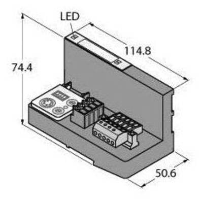 Rysunek techniczny prostokątnego modułu elektronicznego z wyświetlaczem LED i złączami. Wymiary: 74,4 x 50,6 x 114,8 mm.