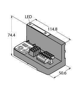 Rysunek schematyczny prostokątnego modułu LED z wymiarami: 114,8 x 74,4 x 50,6 mm. Przedstawia złącza i pozycję diod LED.