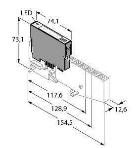 Rysunek techniczny modułu elektrycznego, przedstawiający wymiary: 74,1 mm szerokości, 73,1 mm wysokości, 117,6 mm głębokości. Wskaźnik LED u góry.