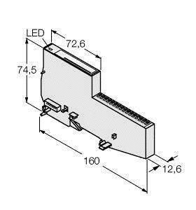 Rysunek techniczny elementu elektronicznego z wymiarami: wysokość 74,5 mm, szerokość 72,6 mm, długość 160 mm. Diody LED oznaczone.