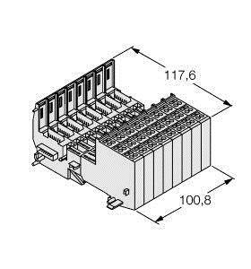 Diagram przedstawia złącze elektryczne o wymiarach 117,6 mm i 100,8 mm. Znajduje się na nim wiele styków i obudów.