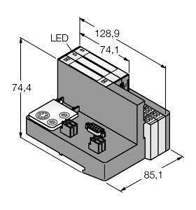 Rysunek techniczny prostokątnego urządzenia o wymiarach 128,9 x 74,1 x 85,1 mm, przedstawiający złącza i wskaźniki LED na górnej powierzchni.