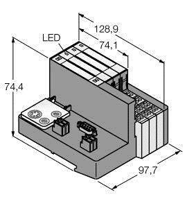 Diagram urządzenia elektrycznego z wymiarami: szerokość 97,7 mm, wysokość 74,4 mm, długość 128,9 mm. Zawiera diodę LED i złącza.