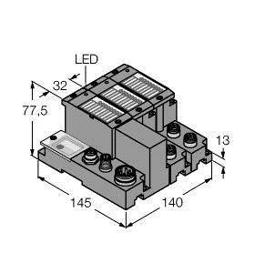 Rysunek techniczny elektrycznego przekaźnika z wskaźnikiem LED. Wymiary: 32x77,5x145x140x13 mm. Przedstawia podłączenia i budowę.