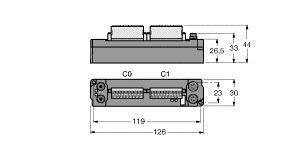 Diagram przedstawia wymiary złącza kabla SCSI. Widok z góry: szerokość 119 mm, wysokość 44 mm. Widok z boku: szerokość 126 mm, wysokość 33 mm.
