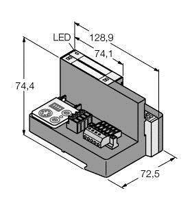 Rysunek techniczny modułu elektronicznego z trzema rzędami złączy. Wymiary: 128,9 mm (szerokość), 74,1 mm (wysokość), 72,5 mm (głębokość).