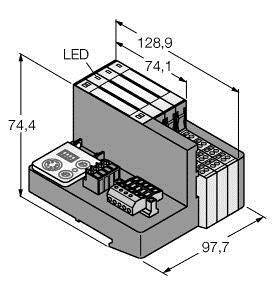 Rysunek techniczny modułu elektrycznego o wymiarach 128,9 mm, 74,4 mm oraz 97,7 mm. Na górze opisano 'LED'.