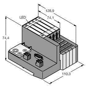 Rysunek techniczny elementu elektronicznego z wymiarami: szerokość 128,9 mm, wysokość 74,4 mm, głębokość 110,3 mm. Wskazana dioda LED.