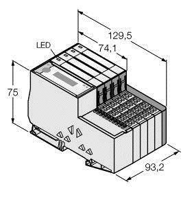 Rysunek techniczny elementu elektronicznego z wymiarami: szerokość 74,1 mm, wysokość 75 mm, głębokość 93,2 mm. Oznaczony etykietą 'LED'.