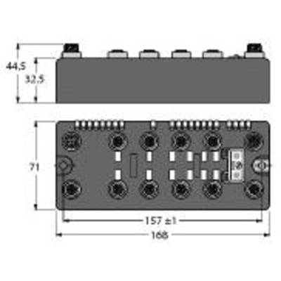 Rysunek techniczny elementu elektronicznego z wymiarami. Góra: widok z boku, 44,5 x 32,5 mm. Dół: widok z góry, 71 x 168 mm.