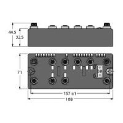 'Rysunek elektronicznego komponentu z wymiarami: 157 mm długości, 71 mm szerokości, 44,5 mm wysokości. U góry: sześć złączy.'