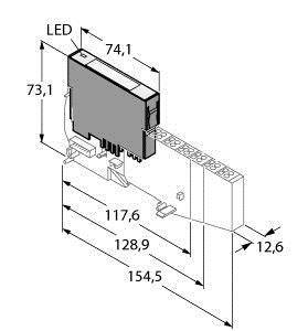 Diagram urządzenia elektronicznego z wymiarami: wysokość 73,1 mm, szerokość 74,1 mm, długość 154,5 mm. Zawiera wyświetlacz LED.