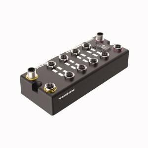 Prostokątny moduł elektroniczny z wieloma złączami od góry. Odpowiedni do zastosowań przemysłowych w automatyce.