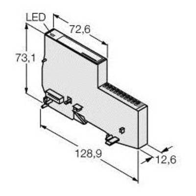 Rysunek techniczny komponentu elektronicznego z wymiarami: szerokość 72,6 mm, wysokość 73,1 mm, głębokość 12,6 mm. Zaznaczona dioda LED.