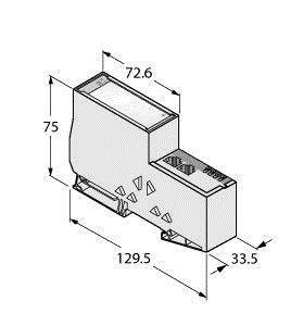 Rysunek techniczny prostokątnej struktury trójwymiarowej o następujących wymiarach: wysokość 75, szerokość 72,6, długość 129,5, głębokość 33,5.