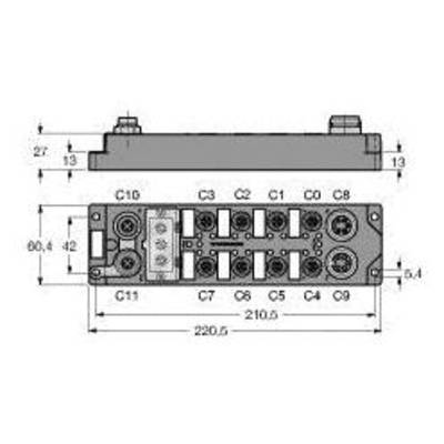 Plan montażowy elementu elektronicznego z wymiarami. Przedstawia wtyczkę, złącza i numery pinów. Wymiary: 220,5 x 27 x 13 mm.