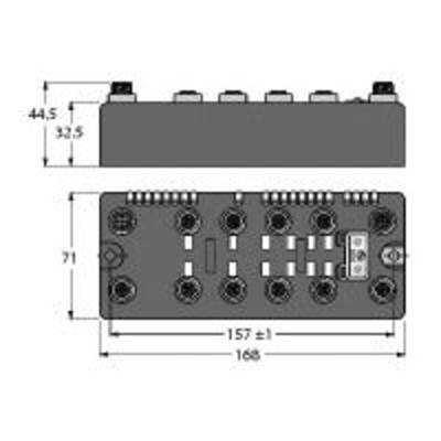 Rysunek techniczny elementu elektronicznego z wymiarami: 44,5 mm wysokości, 71 mm szerokości, 168 mm długości; przedstawiający złącza od góry.