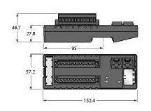 'Wymiary modułu przyłączeniowego elektronicznego: Góra 95 x 27,8 x 46,7 mm, Dół 152,4 x 57,2 mm.'