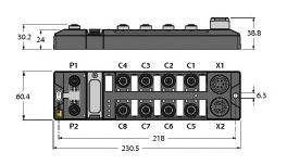 Rysunek techniczny elektrycznej listwy zasilającej z zaznaczonymi wymiarami długości i wysokości. Przedstawiono rząd czterech gniazd.
