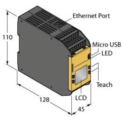 Diagram urządzenia z gniazdem Ethernet, złączem Micro-USB, diodą LED i wyświetlaczem LCD na przedniej stronie. Wymiary: 110 mm wysokości, 128 mm głębokości, 45 mm szerokości.