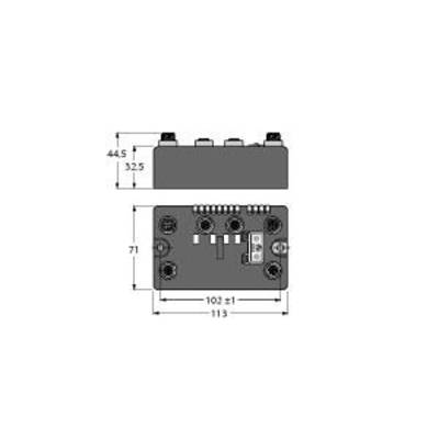 Rysunek prostokątnego modułu elektronicznego z naniesionymi wymiarami: długość 113 mm, szerokość 71 mm, wysokość 44,5 mm.
