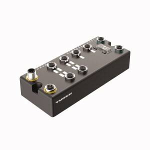 Czarne urządzenie Turck z wieloma złączami. Wygląda na rozdzielacz lub interfejs do zastosowań przemysłowych.