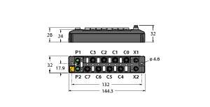 Diagram elektrycznego połączenia z oznaczeniami P1, P2, C0-C7, X1, X2. Przedstawia wymiary: wysokość 28 i 32, szerokość 144,3, średnica 4,6.