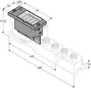Rysunek techniczny elementu z wymiarami: 32 x 91 mm u góry, 145 mm długości, 77,5 mm wysokości. Wbudowany wyświetlacz LED.