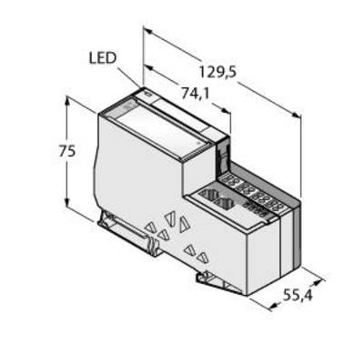 Rysunek techniczny modułu elektronicznego z wyświetlaczem LED i wymiarami: 129,5 mm, 74,1 mm, wysokość 75 mm, szerokość 55,4 mm.