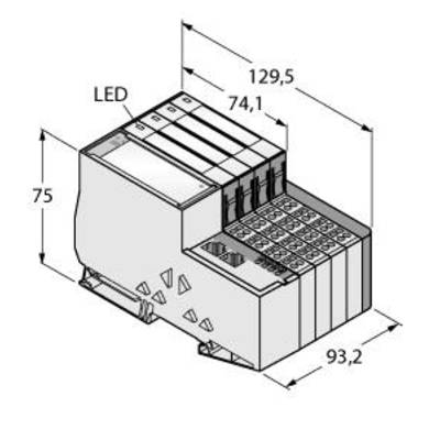 Rysunek techniczny elementu elektronicznego o wymiarach 129,5 x 93,2 x 75 mm, z wyświetlaczem LED i wieloma zaciskami przyłączeniowymi.