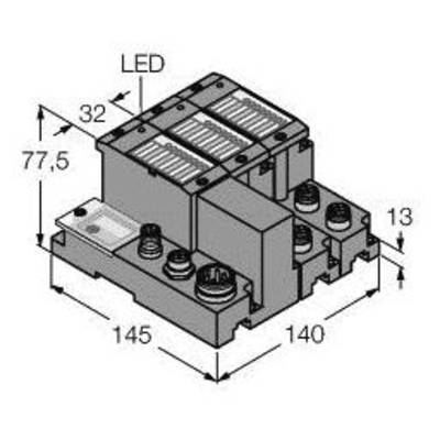 'Ilustracja elementu elektrycznego z oznaczeniem LED i wymiarami: 145 mm x 140 mm x 77,5 mm. Złącza widoczne.'