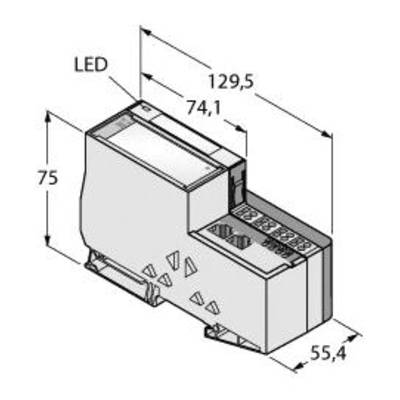 Szkic urządzenia elektronicznego o wymiarach 129,5 x 74,1 x 55,4 mm. Na górze zaznaczono 'LED'.