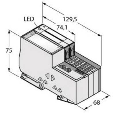 Rysunek techniczny elementu elektrycznego. Wymiary: 129,5 x 74,1 x 68 mm. Zawiera oznaczenia dla diody LED oraz wysokości 75 mm.