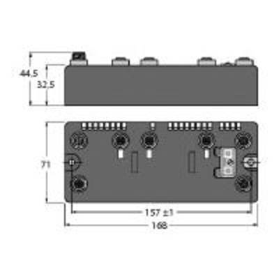 Rysunek techniczny prostokątnego urządzenia o wymiarach: 157 mm x 168 mm x 44,5 mm. Widok z góry i z przodu.