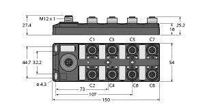 Rysunek techniczny urządzenia elektronicznego z wymiarami. Na górze: strona przyłączeniowa z gwintem M12x1. Na dole: szczegółowe oznaczenia wymiarów.