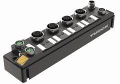 Wielogniazdowa listwa zasilająca do przemysłowych połączeń kablowych z pięcioma czarnymi, okrągłymi gniazdami oraz logo marki z boku.