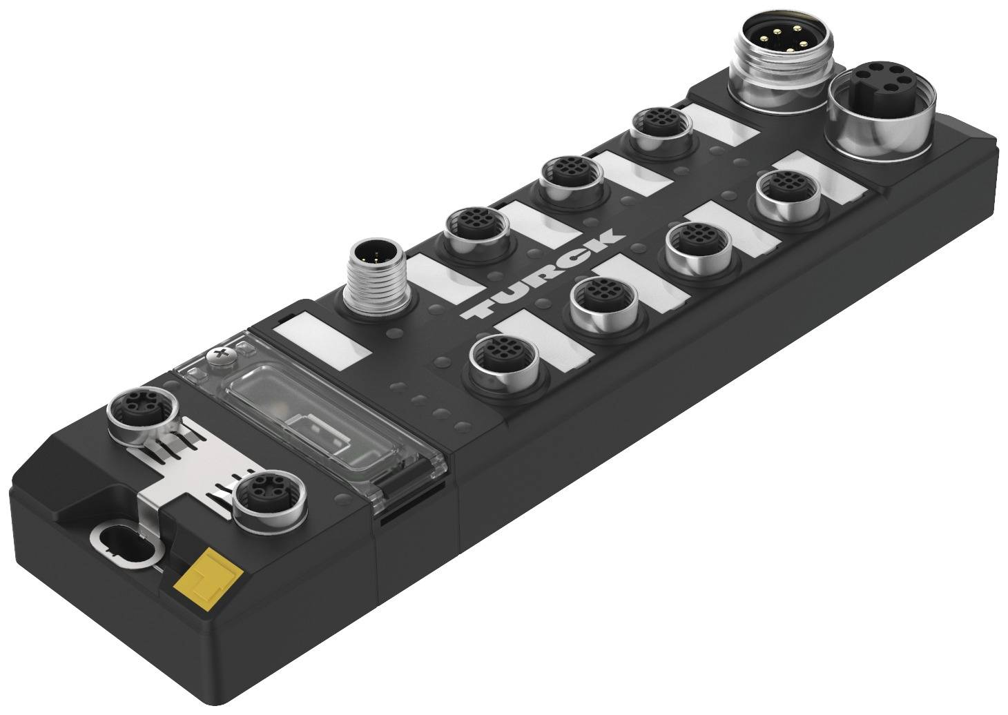 Czarny moduł z kilkoma okrągłymi złączami na górze. Posiada napis 'TURCK' i kompaktową, prostokątną budowę.