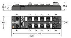 Rysunek techniczny urządzenia z wymiarami i złączami. Góra: widok z boku z podaną wysokością; Dół: widok z przodu ze złączami P1, P2, C1-C8, X1, X2.
