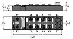 Rysunek techniczny modułu elektronicznego z wymiarami: 230,5 mm długości, 60,4 mm szerokości, 30,8 mm wysokości. Przedstawia złącza P1, P2, C1-C7, X1, X2.