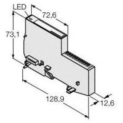 Rysunek techniczny prostokątnego urządzenia o wymiarach: 73,1 mm wysokości, 128,9 mm długości, 12,6 mm szerokości. Oznaczono 'LED'.