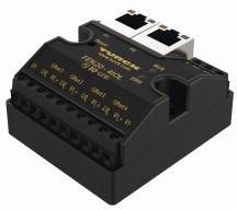 Czarny moduł komunikacyjny Ethernet z wieloma portami i logo marki na górze, przeznaczony do przemysłowych połączeń sieciowych.