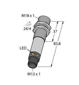 Czujnik indukcyjny z wyświetlaczem LED. Wymiary: 83,8 mm długości, 37 mm długości użytkowej. Rozmiary gwintu: góra M18 x 1, dół M12 x 1. Rozmiar klucza 24/4.