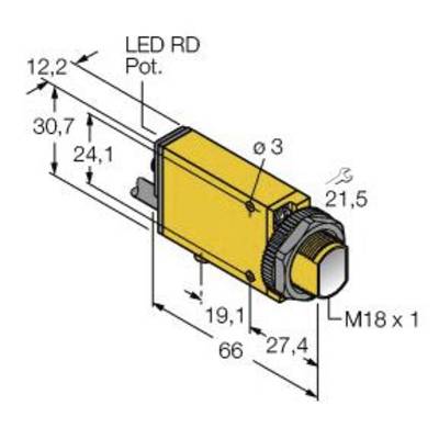 Czujnik w prostokątnej obudowie z wprowadzeniem kabla i gwintem M18 x 1. Wymiary: 66 mm długości, 30,7 mm wysokości, 21,5 mm szerokości.