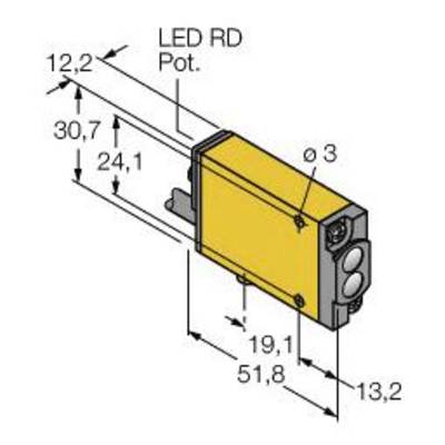 Rysunek urządzenia elektronicznego w żółtej obudowie o wymiarach 51,8 mm długości, 30,7 mm wysokości i 13,2 mm głębokości.