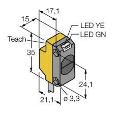 Rysunek techniczny prostokątnego czujnika o wymiarach: wysokość 35 mm, szerokość 17,1 mm, głębokość 21,1 mm. Oznaczenia: LED żółty, LED zielony.