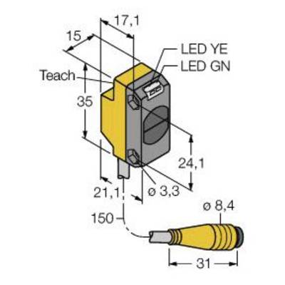 Rysunek techniczny prostokątnego czujnika z wymiarami i złączem. Wyróżnione diody LED: 'LED YE' oraz 'LED GN'.