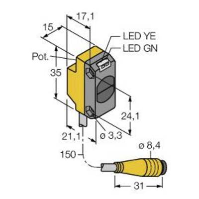 Rysunek modułu komponentów elektrycznych z wymiarami. Dwie diody LED ('LED YE' i 'LED GN'), gniazdo, strzałki wskazujące wymiary.